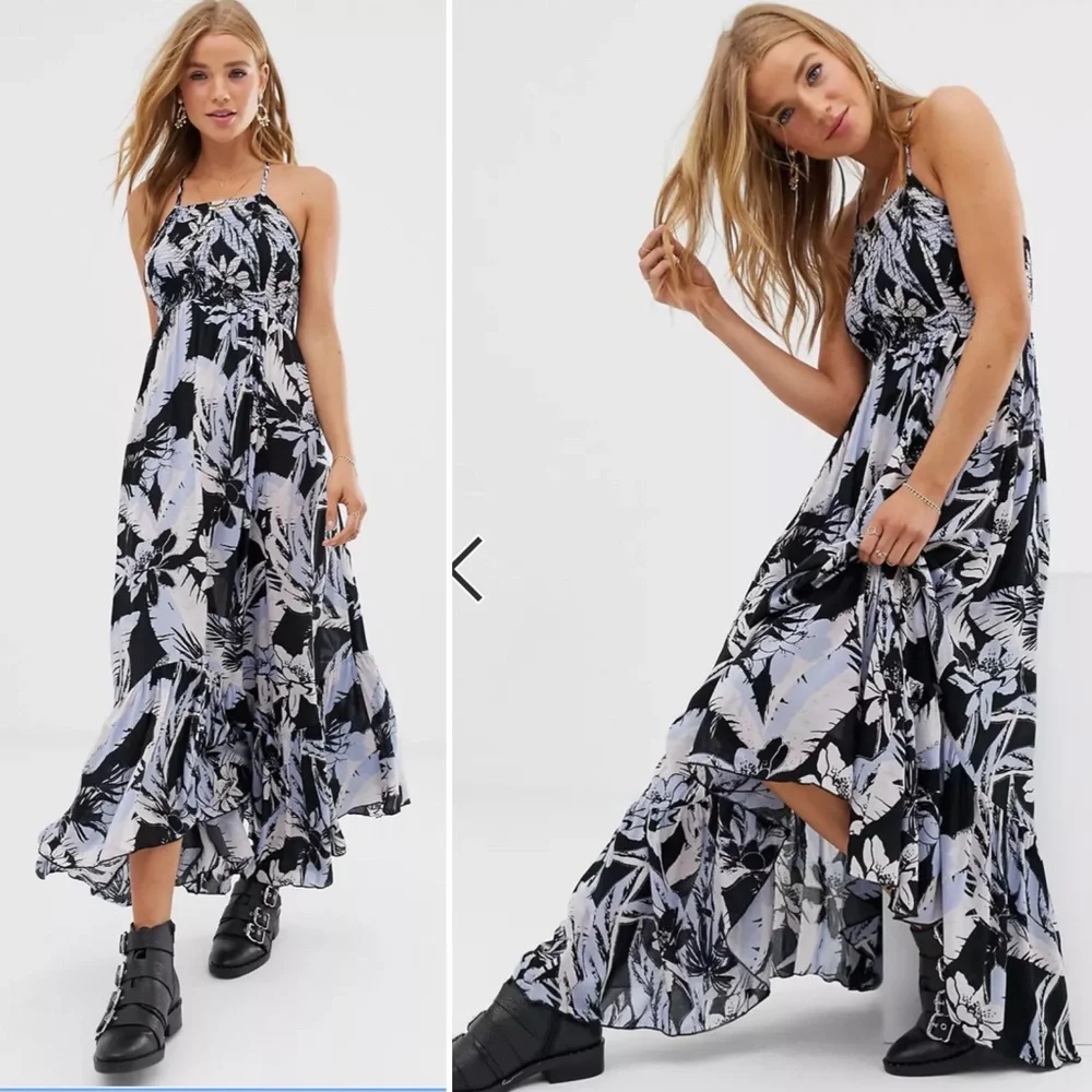 Free People Heat Wave Smocked Maxi Dress Black Blue Floral Flutter Size Medium